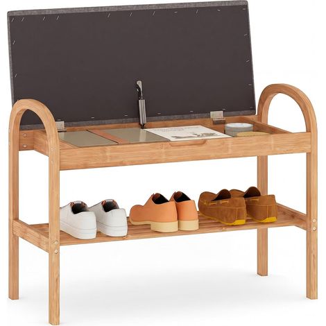 COSTWAY Panca Porta Scarpe,Scarpiera con Cuscino in Bambù con 2 Livelli con Ripiano,70x31,5x51 cm (1/5)