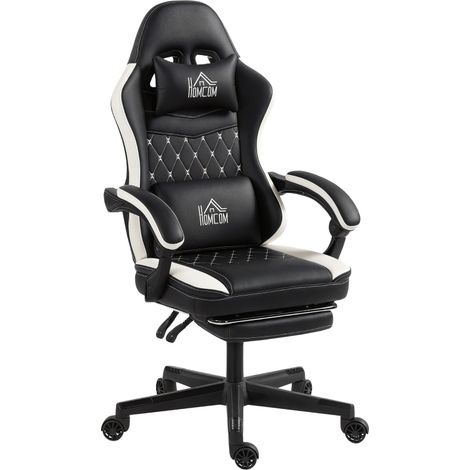 Gamingstuhl mit Fußstütze, Kopfstütze und Kissen, Kunstleder schwarz/weiß (1/5)