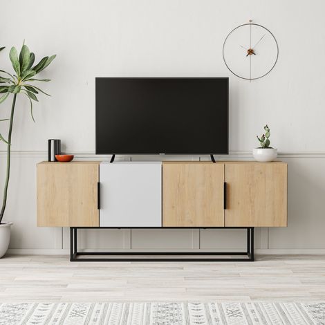 Decortie Tontini Modern TV Stand Multimedia Centre TV Unit With Storage Cabinet 140cm - Oak / White (1/5)