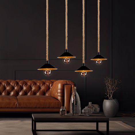 Lampada a sospensione lampada a sospensione corda di canapa lampada a sospensione oro nero stile country sala da pranzo Regolabile in altezza, metallo, 4x attacco E27, LxPxH 112,5x22x170 cm