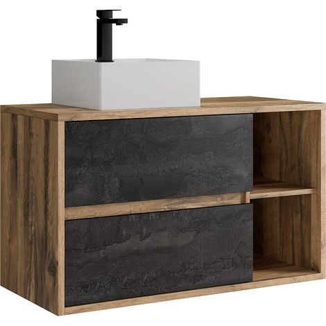 Meuble de salle de bain suspendu avec vasque carrée et robinet - Coloris naturel et anthracite - 100 cm - TIKITIKI (1/5)