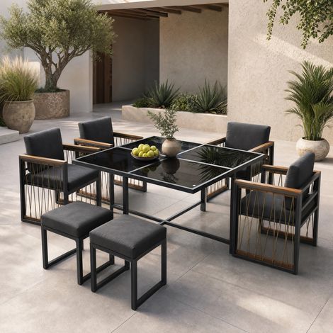 Set da giardino 7 pezzi per 6 persone, tavolo in vetro temperato nero DESVIAE (1/5)