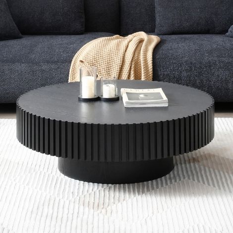 Table basse ronde en MDF finition noyer/naturel/noir, Ø80 x 35 cm, avec un piètement en bois massif travaillé à la main et rainuré, stable et indéformable, table en bois moderne pour salon (1/5)