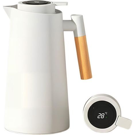 Pichet Isotherme, 1L Karaffe à Café Thermique, Thermos Sous Vide Isolé, Manche En Bois, Pour Le Café Au Thé Chaud Et Froid(Blanc) (1/5)