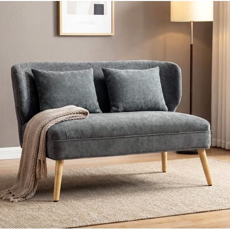 Sofá compacto de 2 plazas en chenilla gris, respaldo con alas, 117 cm, patas de madera de caucho (1/5)