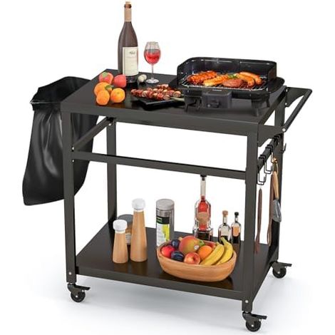 Chariot de Barbecue d'extérieur avec 2 étagères, 4 roulettes et Crochets, Table d'appoint pour Barbecue, Chariot de Jardin, Chariot de Jardin pour l'extérieur, Noir (1/5)
