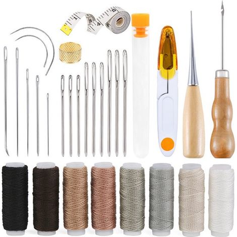 Juego de 18 accesorios de costura de cuero hechos a mano con agujas para cuero, hilo encerado y punzones, para trabajos en cuero, proyectos de bricolaje y reparaciones de interiores. (1/5)