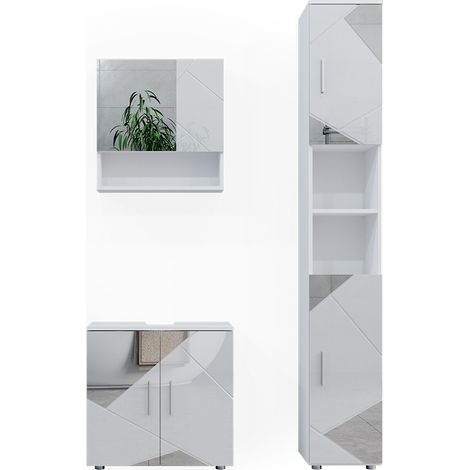 Conjunto de muebles de baño Irma, Blanco, 3 piezas, con cajonera y mueble alto, Vicco
