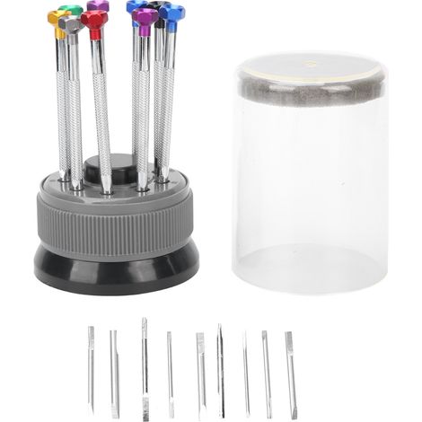 Kit de 9 tournevis (plats et cruciformes) avec base rotative pour la réparation de montres