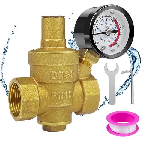 DN20 Réducteur de Pression D'Eau, Reducteur de Pression Eau, Pression D'Eau Réglable, Régulateur de Pression D'Eau, Réduction de Pression D'Eau Réglable en Laiton avec Manomètre Compteur (1/5)