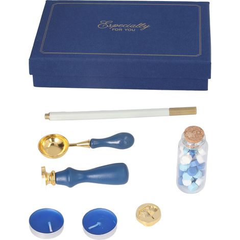 Ensemble Vintage de Cachet à Cire 7 Pièces - Tampon, Cuillère et Stylo pour Cire à Sceller - Idéal Cartes Mariage, Emballage Cadeau - Bleu, 3 Couleurs (1/5)