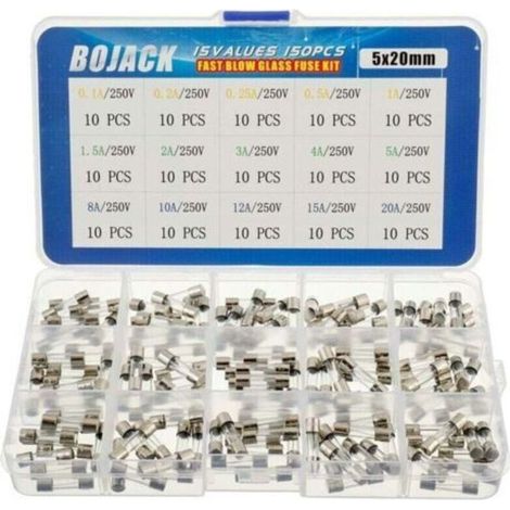 15 Valeurs Assortiment de fusibles en verre avec raccord rapide 150pcs 5x20mm 250V 0,1 0,2 0,25 0,5 1 1,5 2 3 4 5 8 10 12 15 20A Conditionnement en boite plastique transparente (1/4)