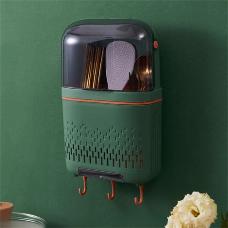 Porte-ustensiles mural sans perçage 19×8,5×30 cm vert avec drainage – Support pratique pour couverts, fourchettes et cuillères