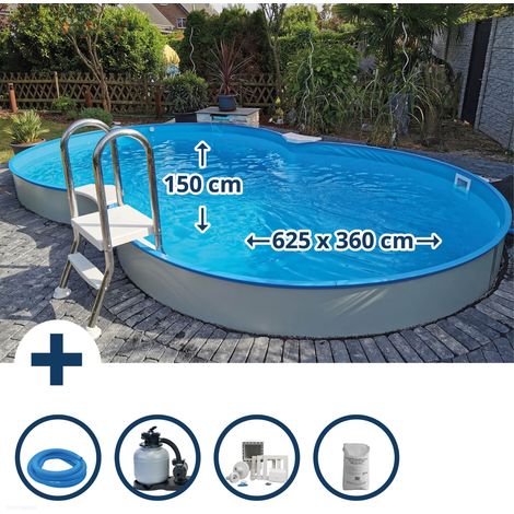 Stahlwandpool Set achtform Cannes 625x360x150cm, Stahl 0,8mm weiß, Folie 0,6mm blau, Einhängebiese (1/5)