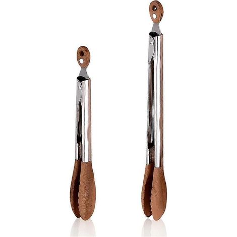 Lot de 2 walnut bois tongs pour cuisson 12 et 9 inch bois salad tongs pour serving acier inoxydable ustensiles de (1/5)