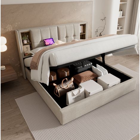 Cama doble 160/200 cm natural de lino con carga inalámbrica y almacenaje (1/5)