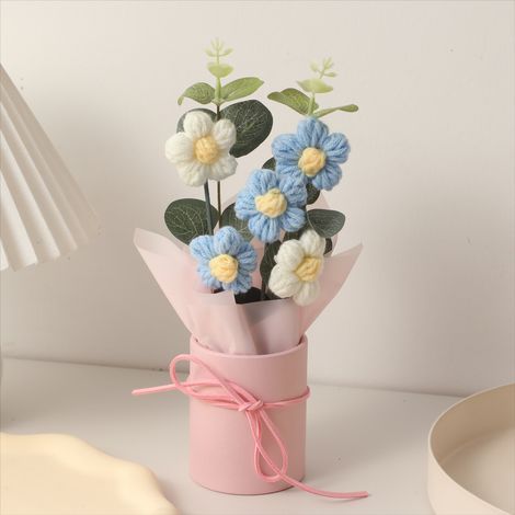 1 Strauß handgestrickter Kunstblumen, 5 Häkelblumen (Strickstoff) als Geschenk, Heimdekoration, Valentinstag, blau. (1/5)