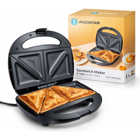 Aigostar Piastra Sandwich Tostiera 750W Antiaderente Cottura 2 Lati Acciaio Nero