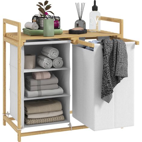 Cesto Portabiancheria 70x36x70 cm con 2 Borse Estraibili e Ripiano in Bambù Bianco (1/5)