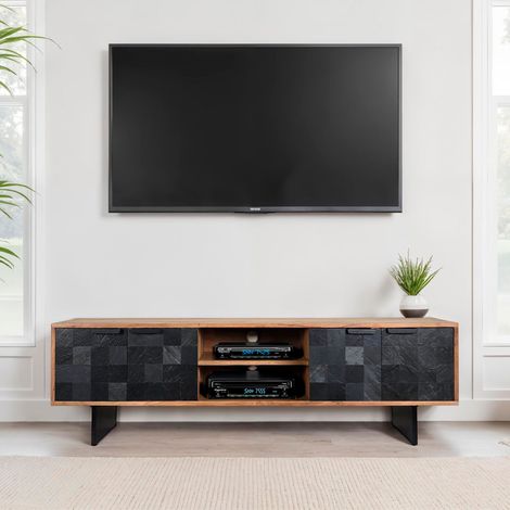 Meuble TV 3 portes 150x35x45 cm en sheesham effet ardoise 3D et métal
