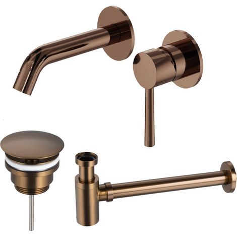 FugaFlow Eccelente Acces Slim Ensemble robinetterie lavabo - robinet lavabo encastré - bouchon toujours ouvert - siphon design abaissé - Cuivre brossé