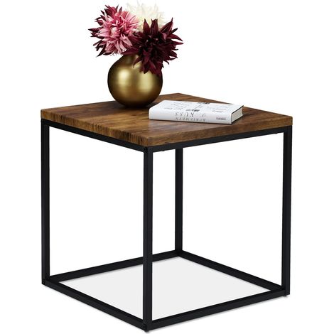 Relaxdays Mesita Auxiliar, Cuadrada, 45 cm, Diseño Industrial, Mesa de Salón y Dormitorio, Metal, Efecto Madera/Negro (1/5)