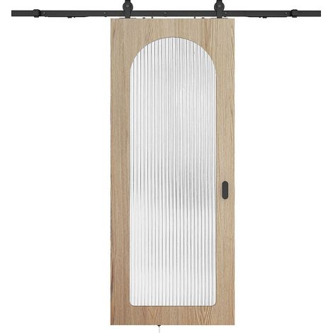 Porte coulissante avec système en applique en bois et MDF - arche naturel clair et verre trempé cannelé - H205 x L63 cm - ODEZA (1/3)