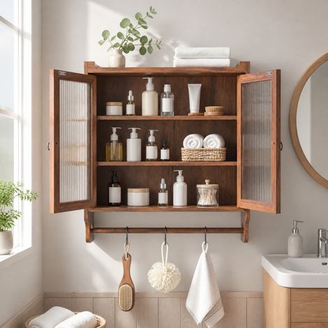 Mobile contenitore a muro vintage a doppia anta, 63 x 60 x 18 cm, legno e vetro, marrone DESVIAE (1/5)
