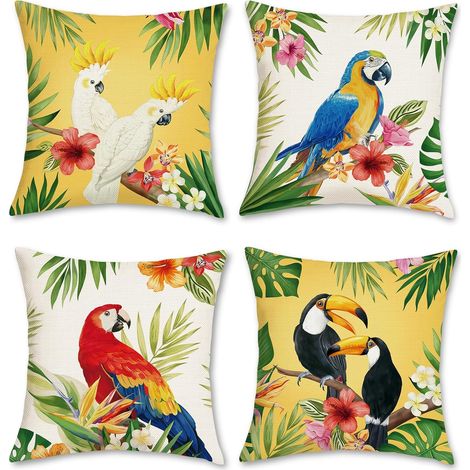 Housse de Coussin Oiseau Toucan Tropical 45 x 45 cm Perroquet Fleurs Feuilles Polyester Lin Décoratif Été Taie d'oreiller pour Salon Chambre Maison Jardin Extérieur Décoration 4 Pièces (1/5)