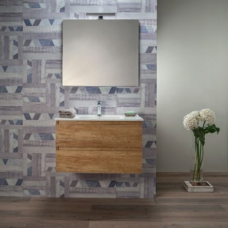 Mobile Bagno Sospeso 80 cm Rovere Naturale 2 Cassetti Lavabo e Specchio