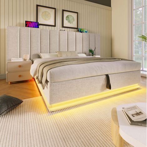 Bett 180x200 cm Polsterbett mit Stauraum, LED 360°, USB und USB-C, Metall-Holz-Gestell, Leinen Beige (1/5)
