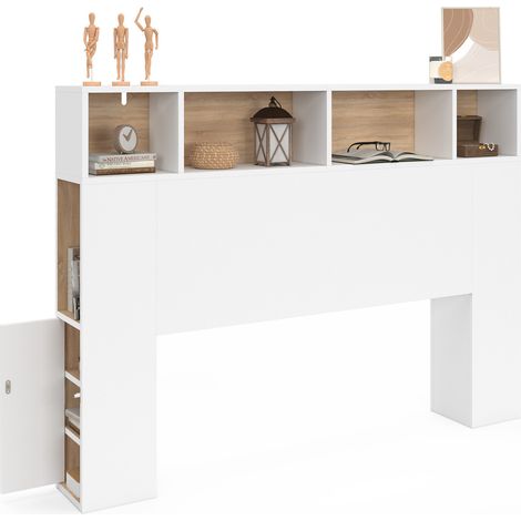 Idmarket – Tête de lit 145 cm avec rangements fermés et niches – Structure en PB blanc et hêtre – Hauteur 120 cm – Installation facile