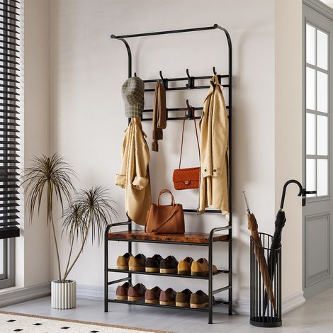 Vestiaire d'entrée, Arbre à Chaussures d'entrée 4 en 1, étagère de Rangement à 3 Niveaux avec 8 Crochets Mobiles, Meuble d'entrée Multifonctionnel, Meuble à Chaussures Entrée 23.5"x11.8"x 70.7",MARRON (1/4)