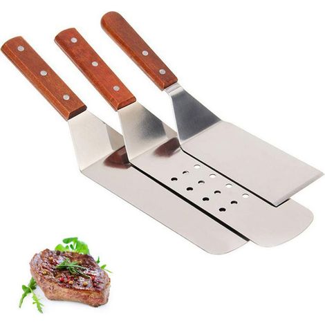 Raclette Set 3 Pièces/Set acier Inoxydable Pelle à Pizza Heber Cutter Barbecue Turner Back Spatule Kochwerkzeug avec manche en Bois,pour Teppanyaki Grils et Plaques de cuisson (1/5)