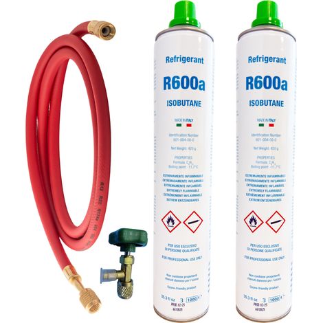 Pack 2 Gas R600a Isobutano 420g  Válvula y Manguera de Carga Incluida  Rosca 7/16"  Refrigerante Ecológico Universal