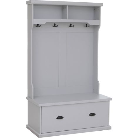 [NON UTILIZZATO] Panca guardaroba appendiabiti HHG-671, da ingresso con scarpiera, 4 ganci, legno melamina, 163x100x47 cm, grigio chiaro