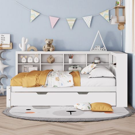 Schlafsofa Holz weiß 140x200 cm mit Ausziehbett 90x190 cm, USB-Steckdose und Stauraum
