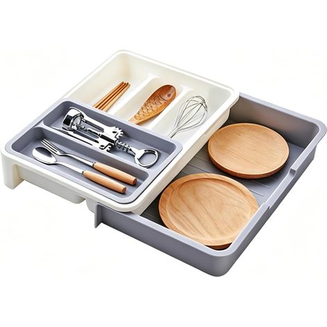 Bac à tiroirs 3-en-1 Ensemble de rangement extensible pour rangement Porte-vaisselle en plastique pour la réception de couverts et plus - Gris (1/5)