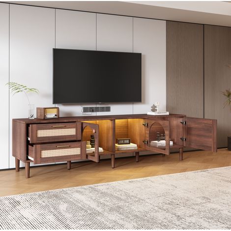 Meuble TV 180x40x50 cm marron en panneau de particules avec LED, 2 tiroirs rotin, 3 portes et pieds réglables (1/5)