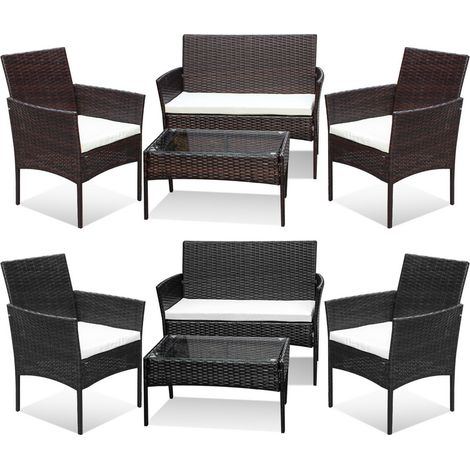 VINGO Set di mobili da giardino in resina intrecciata nera - 4 posti - Divano + Poltrona + Tavolo + Cuscini di seduta (1/5)