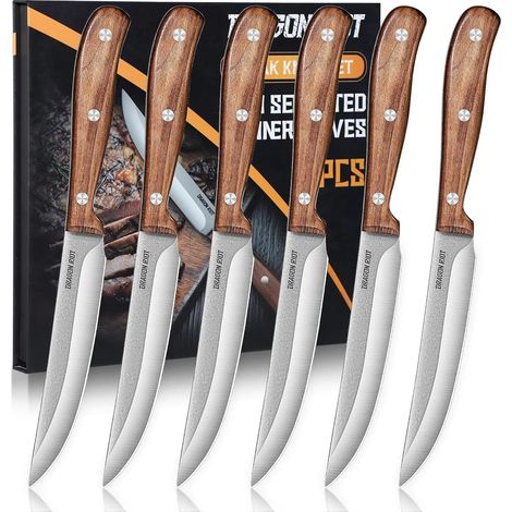 Set de Couteaux à Steak 6 Pièces en Inox  Couteaux à Steak Lame Lisse Possède un Manche en Bois, Couteau à Viande Est Idéal avec Coffret Cadeau (1/5)