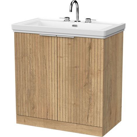 Callingwood Contemporary Floor Standing 2 Door Vanity Unit with Traditional 3 Tap Hole Fireclay Basin , 800mm, Autumn Oak (1/4)