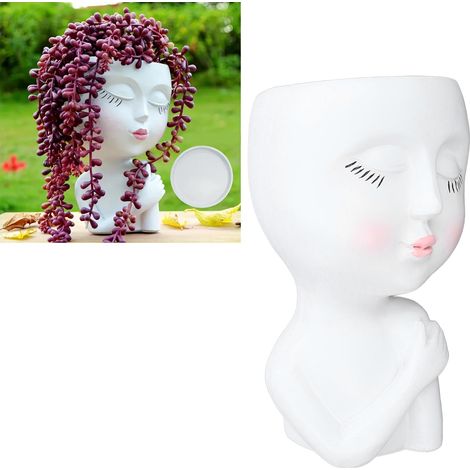 Blumentopf mit menschlichem Gesicht, Mädchen hält Hände, Blumentopf für Sukkulenten, Vasenornament, Villengarten, Eingangshalle, handgefertigtes Harzornament für das Wohnzimmer, weißer Blumentopf. (1/5)