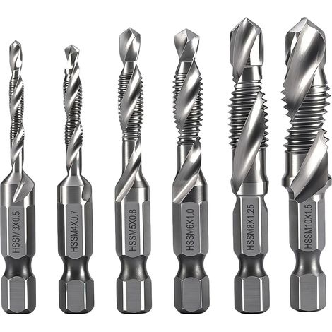 6 Pièces Forets Taraudeurs Combinés Kit M3 M4 M5 M6 M8 M10 Matériau HSS avec Tige Hexagonale 6 mm Revêtement Argenté Antirouille pour Perçage et Taraudage Simultané (1/5)
