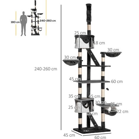 Griffoir pour chat à hauteur réglable (240-260 cm de hauteur), griffoir à plusieurs niveaux avec lit, hamac et échelle, en corde de sisal, en gris foncé et blanc. (1/5)