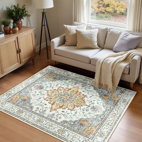 Vintage Tapis de Salon 120x180 cm Lavable Jaune Clair/Gris/Orange Tapis Salon, Tapis Chambre, Lavable en Machine, Vintage, Boho, Rétro, Antidérapant, Cuisine, Salle à Manger, Douce, OEKO (1/5)