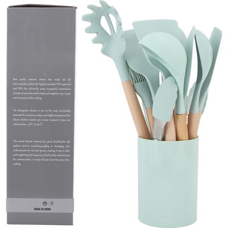 Seau de rangement avec poignée en bois, ensemble de 11 ustensiles de cuisine en silicone, vert clair. (1/5)