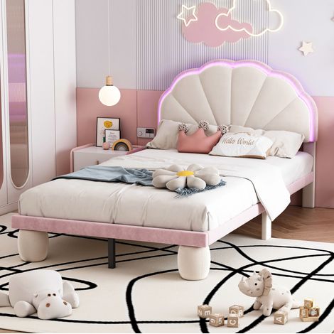 MEUBLIV Cama 90x200 cm beige y rosa – cabecero ondulado LED, sin colchón (1/5)