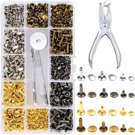 360 rivet cuir Set double Casquette Rivet clous en métal tubulaire 3 tailles avec Punch Pince 3 pièces et outil de configuration kit pour cuir Craft réparation de décoration, 4 couleurs, (1/4)