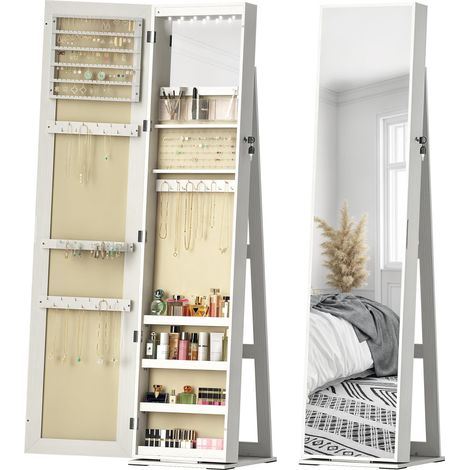 Armoire à bijoux avec éclairage LED, serrure intégrée et miroir, blanc imitation bois.